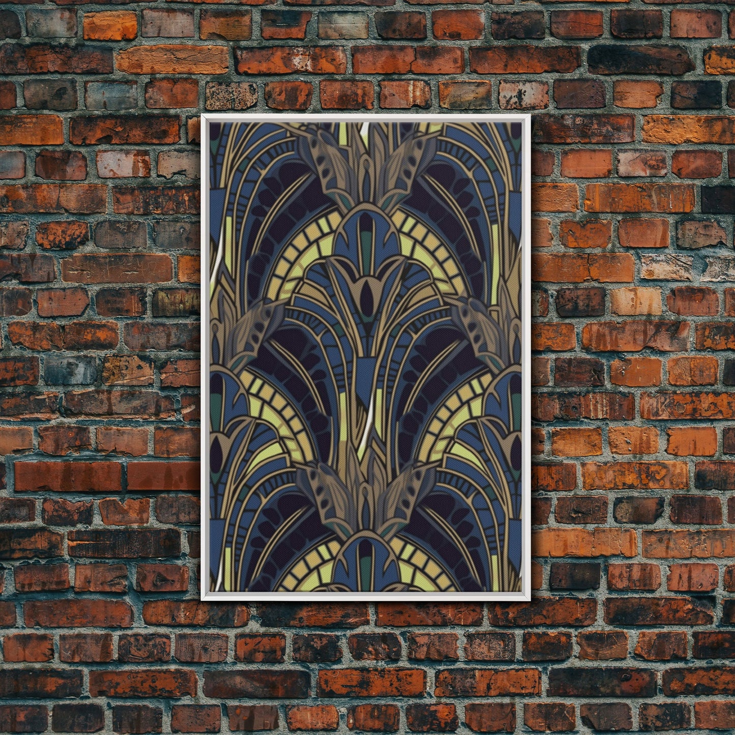 Midcentury Modern Wall art - Framed Canvas Print - Art Deco - Blue colors - Stained glass art - Patterns art - Mosaic art - Living room art