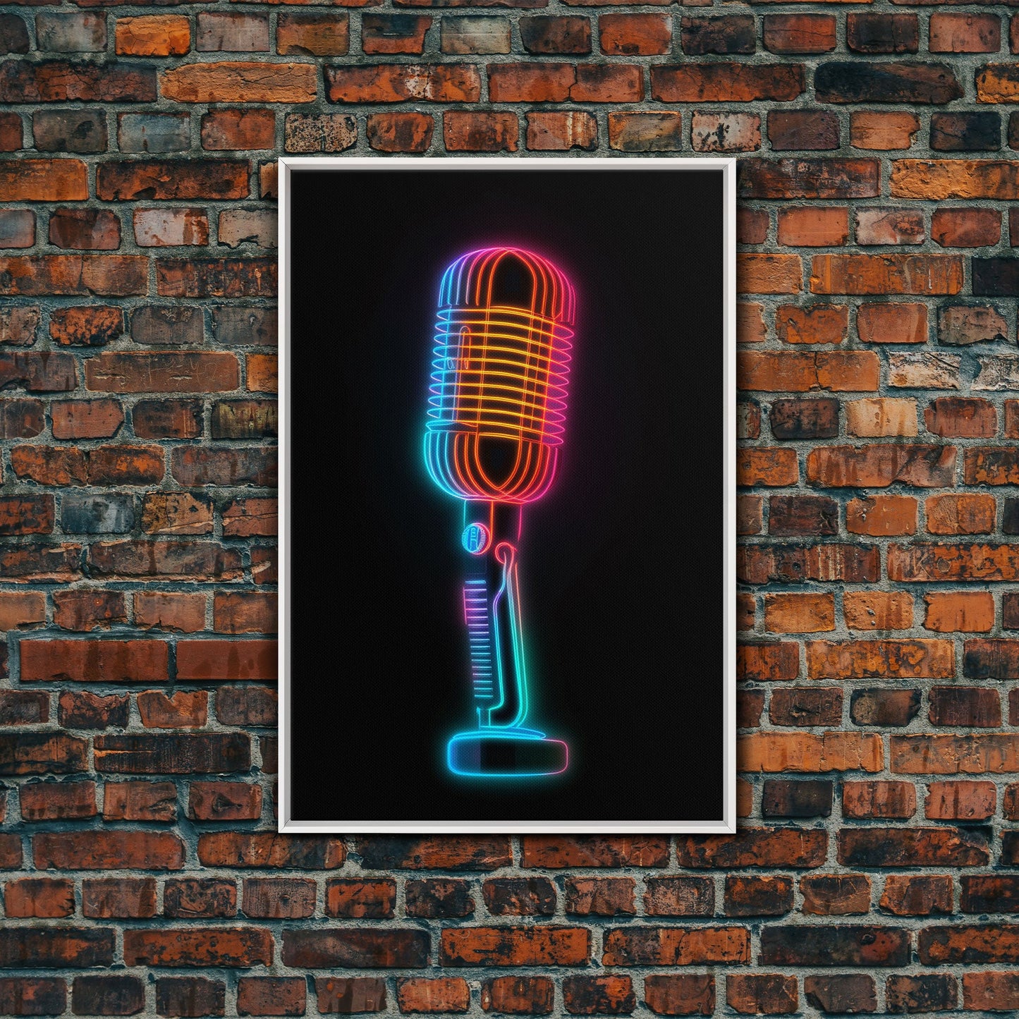 Neon Lights Retro Microphone Wall Art, Vibrant Art, Music Room Wall Art, Minimalist Print, Wall Decor, Canvas Print, Wall Art, Framed Canvas