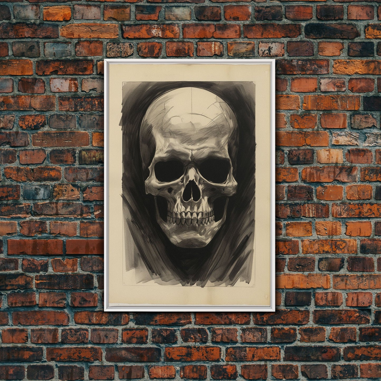 Charcoal Drawing, Human Skull, Gothic Art Print, Spooky Decor, Canvas Print, Wall Art, Vertical Art, Gaming Wall Decor, Office Wall Decor
