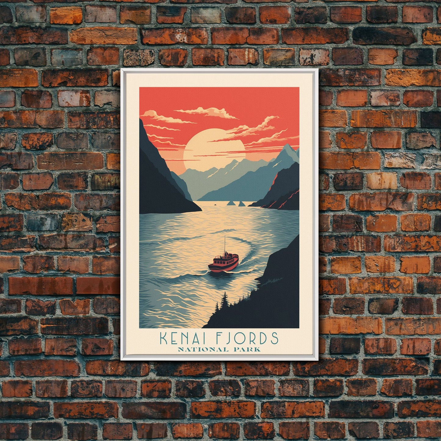 Kenai Fjords National Park Alaska Travel Art, National Park Print, Minimalist Travel Art, Midcentury Modern Style Landscape Painting