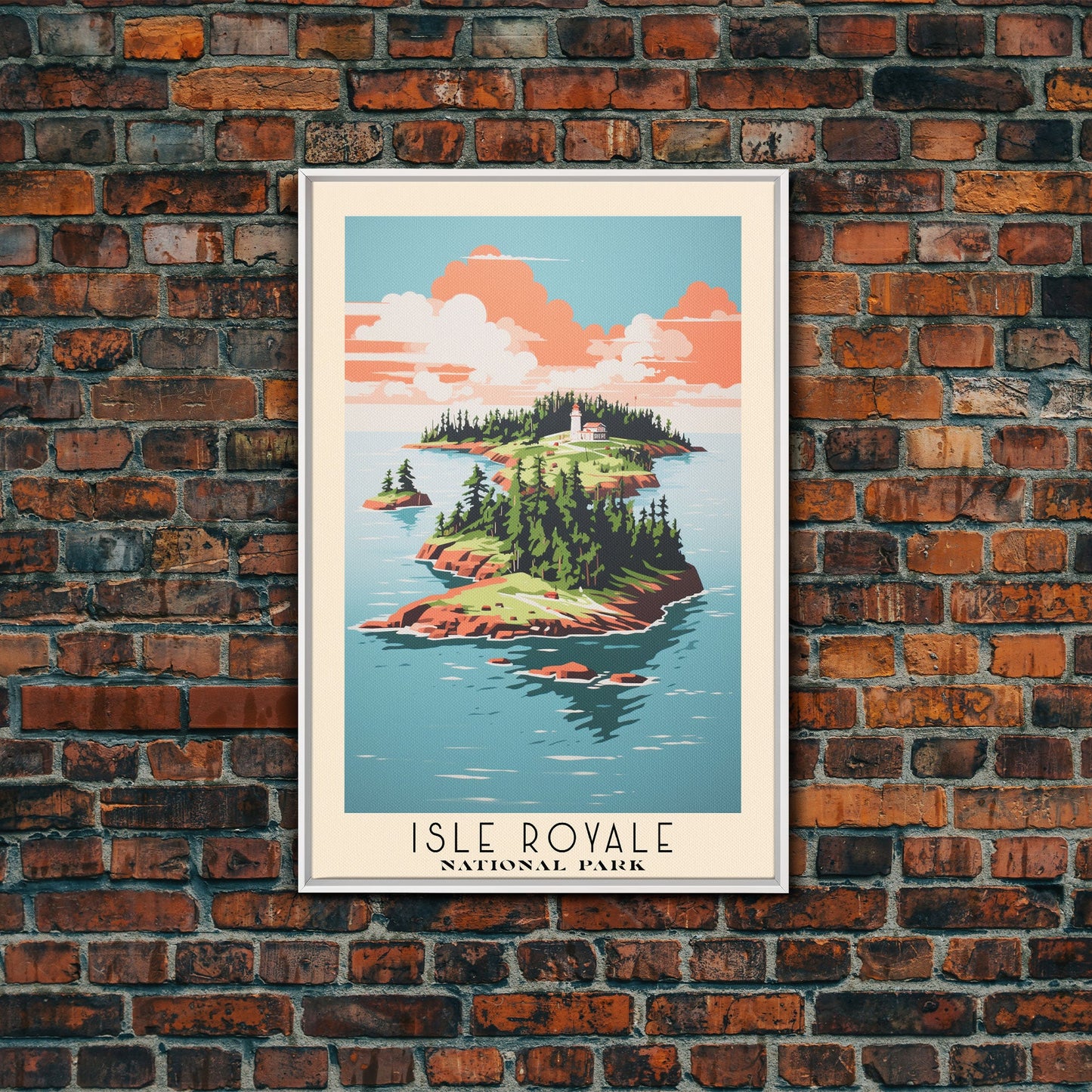 Isle Royale National Park Michigan Travel Art, National Park Print, Minimalist Travel Art, Midcentury Modern Style Landscape Painting