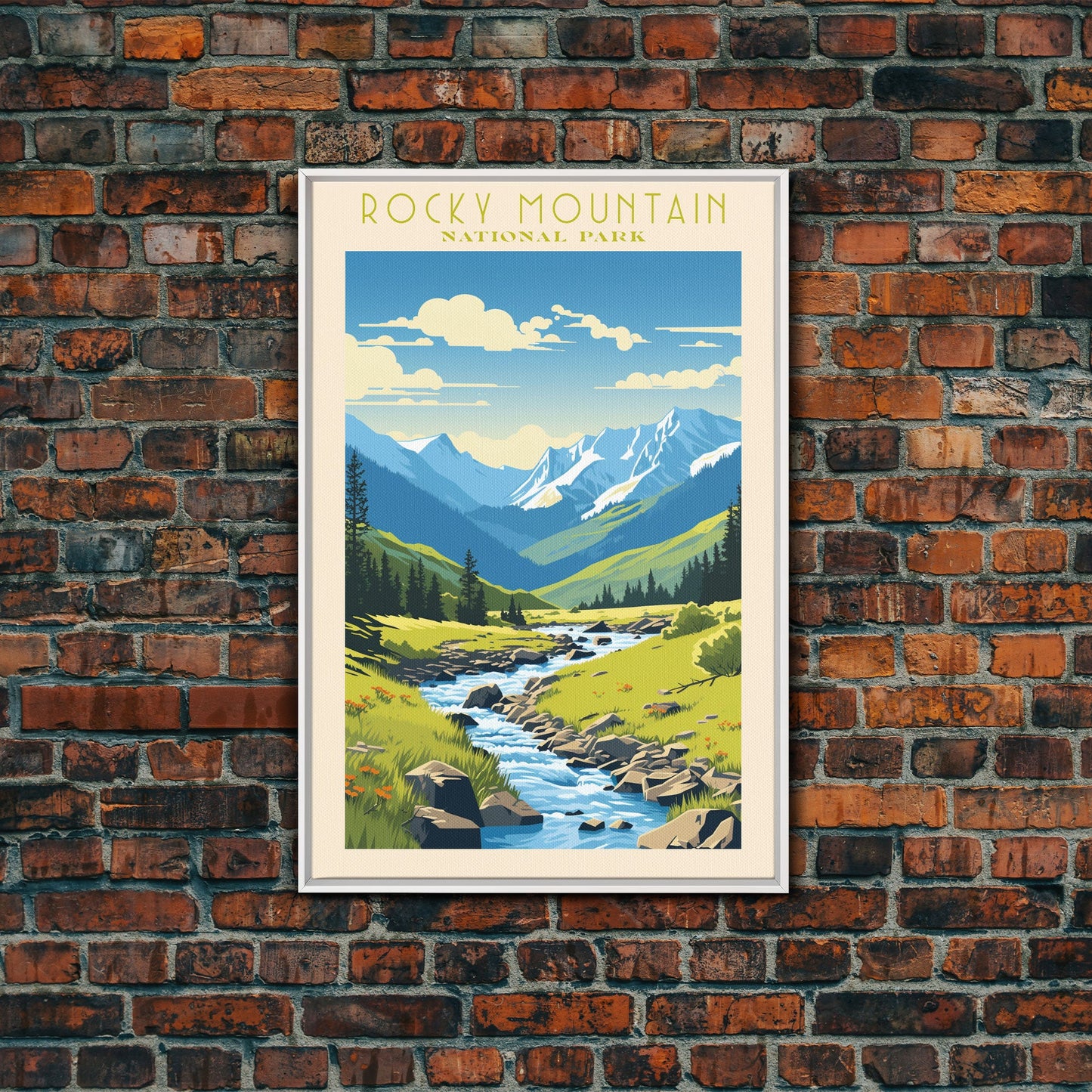 Rocky Mountains National Park Colorado Travel Art, National Park Print, Minimalist Travel Art, Midcentury Modern Style Landscape Painting