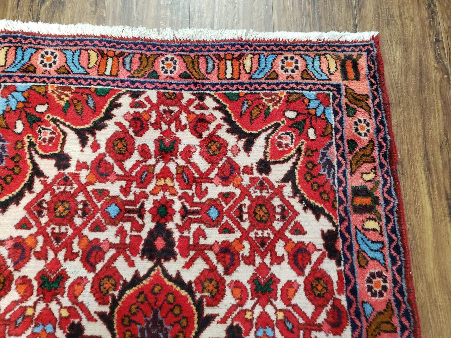 3' 2' X 5' 1" Handmade Floral Wool Rug Red Beige /Ivory