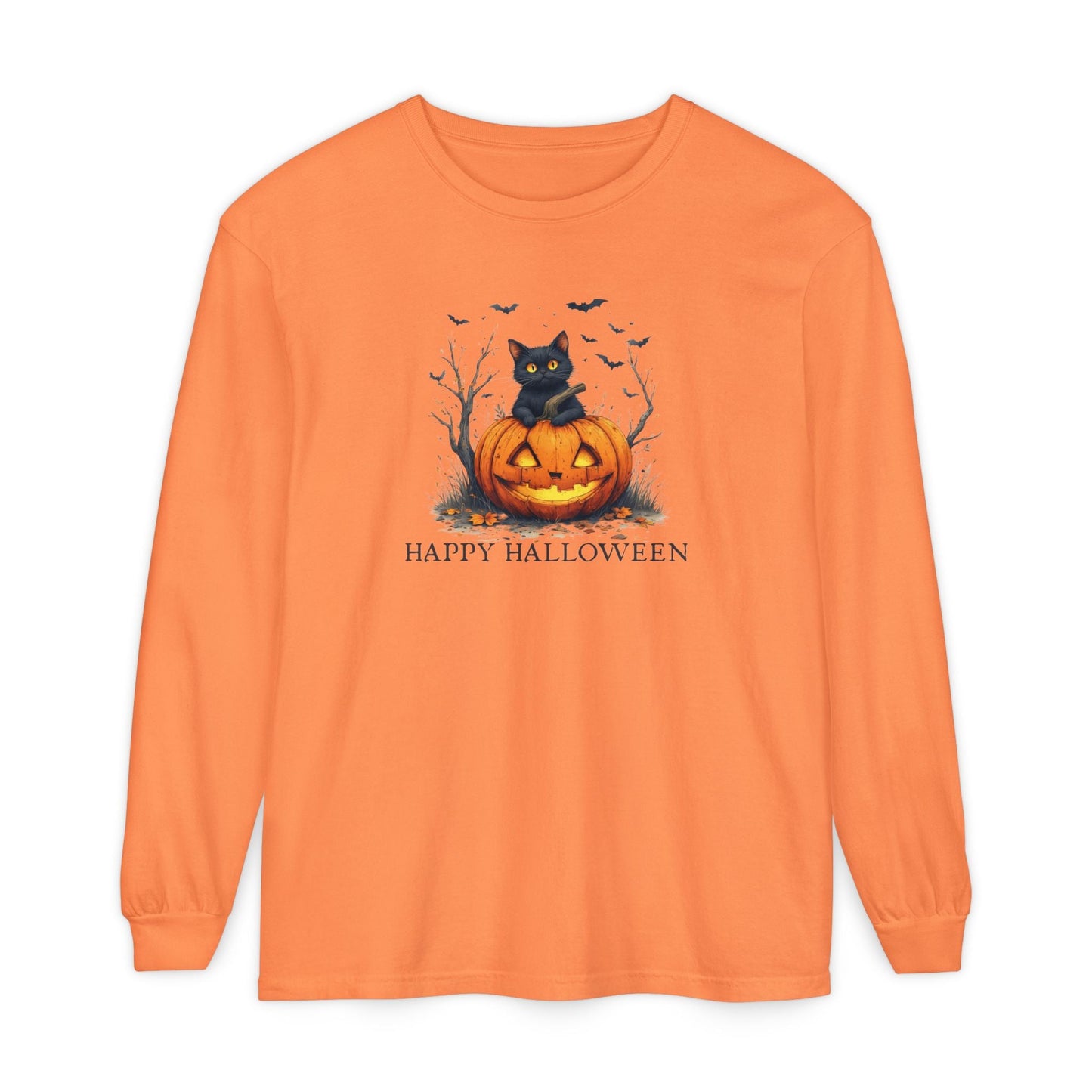 Happy Halloween Cat Long Sleeve Tee for Festive Cat Lovers