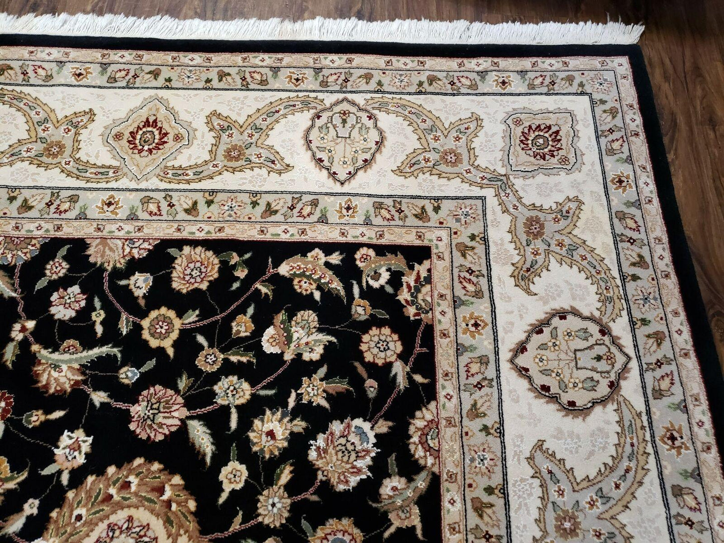 8' 5" X 11' 6" Vintage Handmade Oriental Floral Wool Rug Silk Accent Black Nice