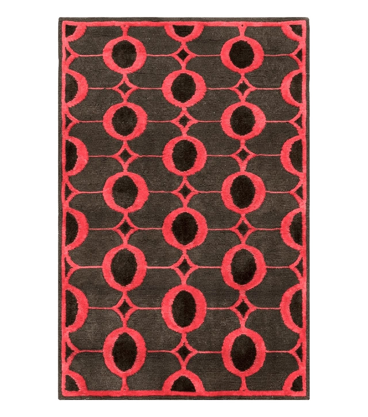 Modern Tibetan Rug 3.8 x 5.7, Raspberry Red and Dark Brown, Abstract Circle Design, Hand Knotted, Soft Wool Handmade Tibet Nepali Carpet 4x6