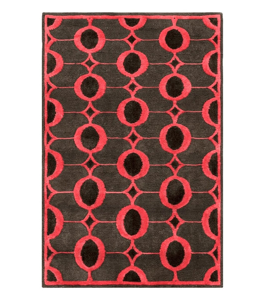 Modern Tibetan Rug 3.8 x 5.7, Raspberry Red and Dark Brown, Abstract Circle Design, Hand Knotted, Soft Wool Handmade Tibet Nepali Carpet 4x6