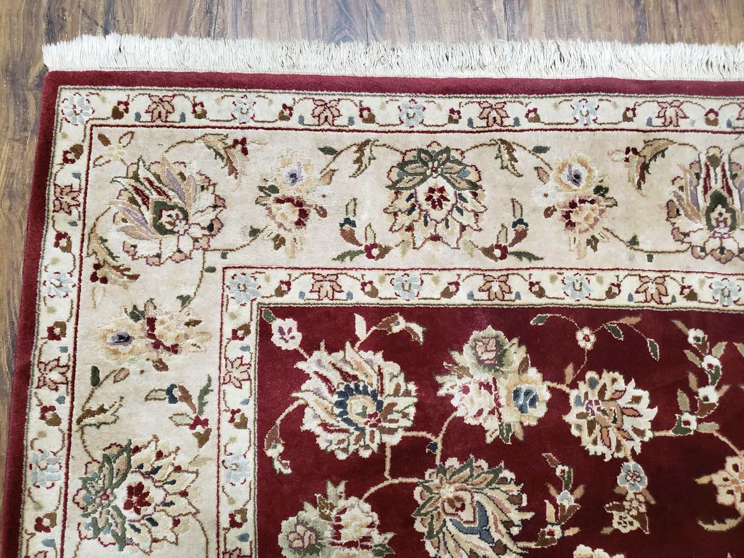Vintage Traditional Oriental Area Rug, Hand-Knotted, Wool & Silk Accents, Maroon Red and Beige, 6x9 Carpet, 5' 9" x 9'