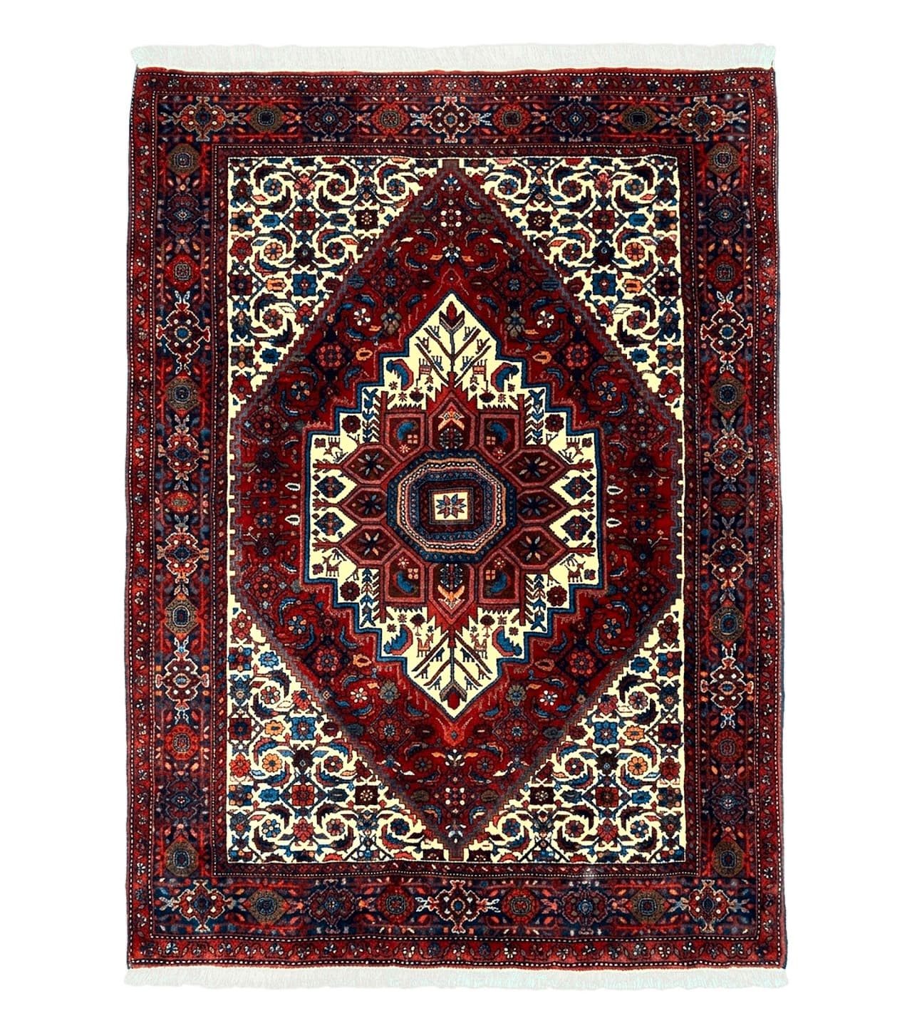 Fine Persian Bidjar Rug 3x5, Geometric Medallion Oriental Bijar Carpet 3 x 5 ft, Ruby Red and Cream, Hand Knotted Wool Rug, Semi Antique Tribal Rug, Nice
