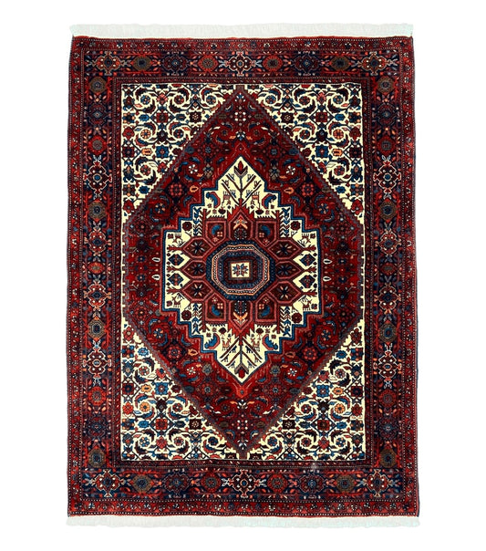 Fine Persian Bidjar Rug 3x5, Geometric Medallion Oriental Bijar Carpet 3 x 5 ft, Ruby Red and Cream, Hand Knotted Wool Rug, Semi Antique Tribal Rug, Nice
