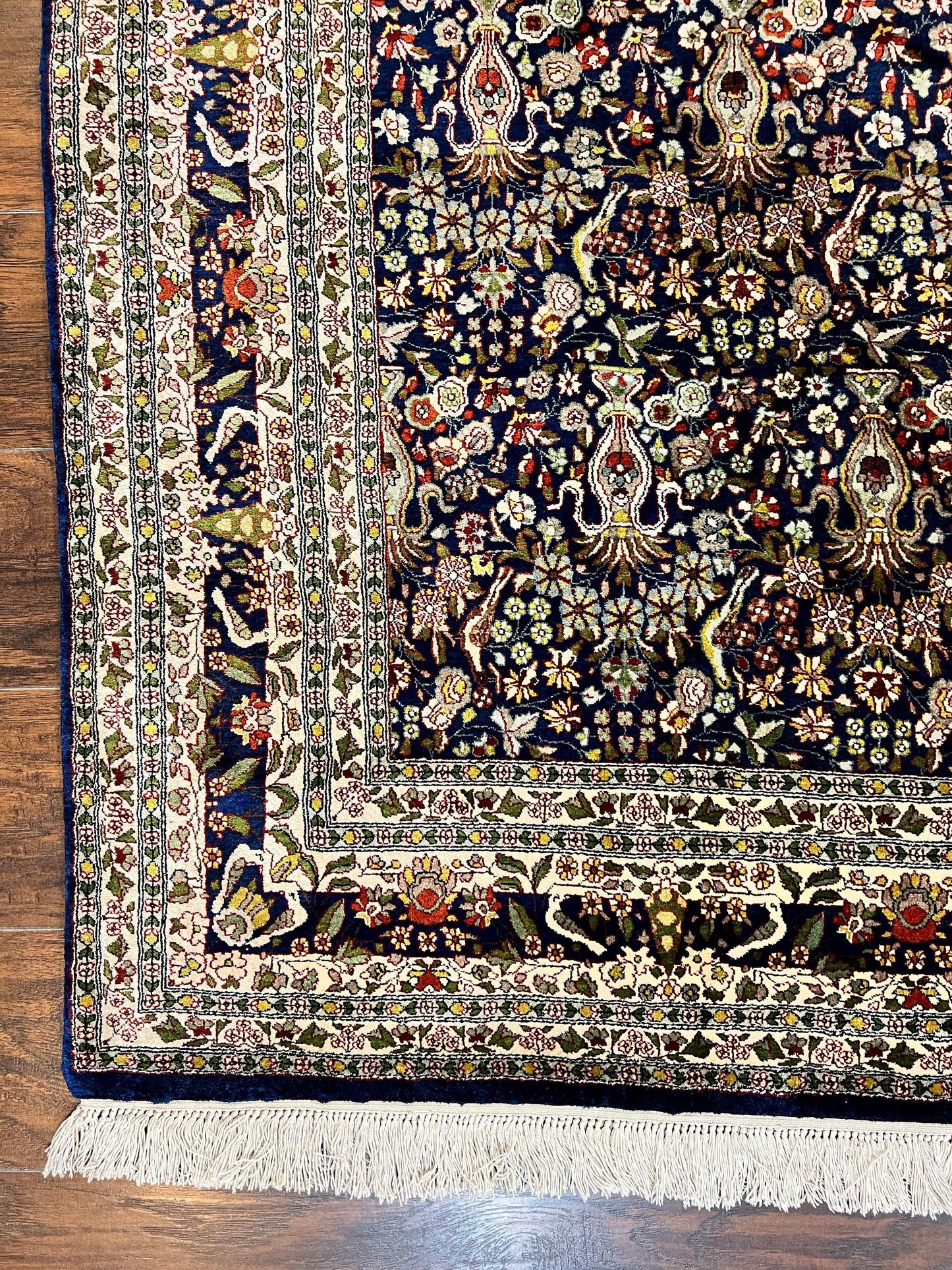 Silk Indian Kashmiri Rug 5x7, Navy Blue Indo Persian Silk Carpet 5 x 7 ft, Hand Knotted Handmade Very Fine Oriental Carpet, 450 KPSI, Birds