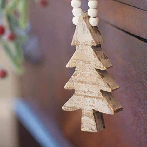 Distressed Wooden Tree Beaded Ornament (Pack of 4)