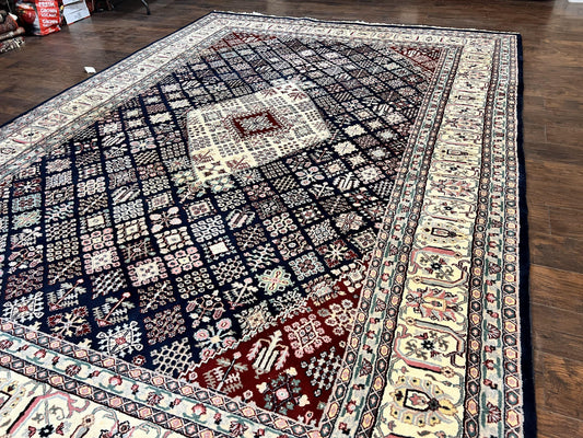 Indo Persian Rug 10x14, Large Wool Hand Knotted Vintage Carpet, Navy Blue & Ivory, 10 x 14 Room Sized Traditional Oriental Rug