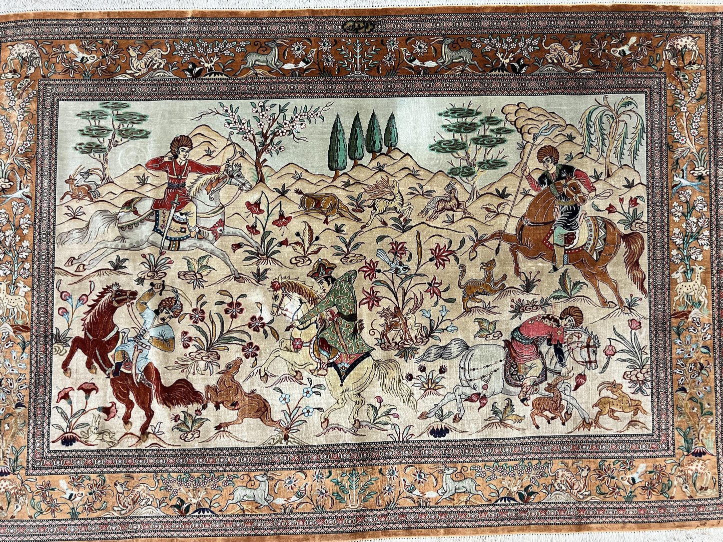 Silk Persian Qum Rug 3x5, Hunting Pattern, Handmade Vintage Carpet, Signed by Master Weaver, Horsemen Pictorials, Super Fine 650 KPSI