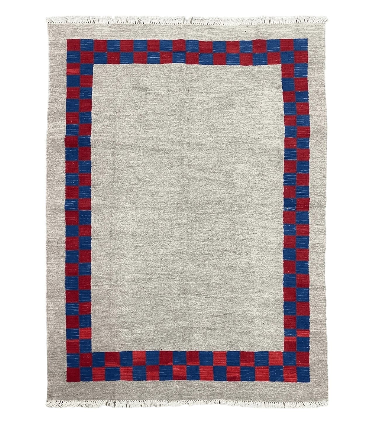5' 7" x 7' 9" Geometric Kilim Carpet, Gray, Handmade, Hand-Knotted Area Rug, Blue & Red, Flatweave, Wool, New, Checkerboard Pattern