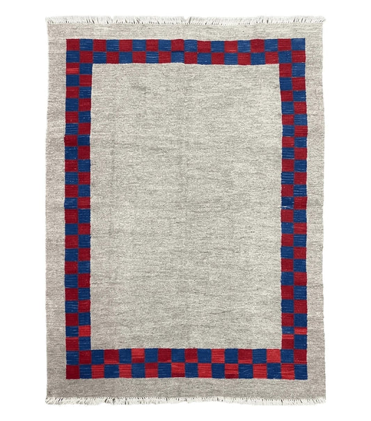 5' 7" x 7' 9" Geometric Kilim Carpet, Gray, Handmade, Hand-Knotted Area Rug, Blue & Red, Flatweave, Wool, New, Checkerboard Pattern