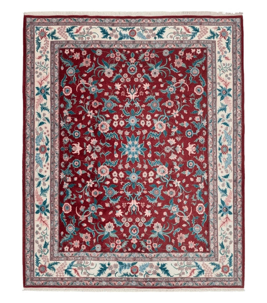 Indo Persian Rug 7.9 x 9.9 ft, Room Sized Indian Carpet, Wool Handmade Vintage Rug, Allover Floral Rug, Traditional Rug, Red Ivory Blue 8x10