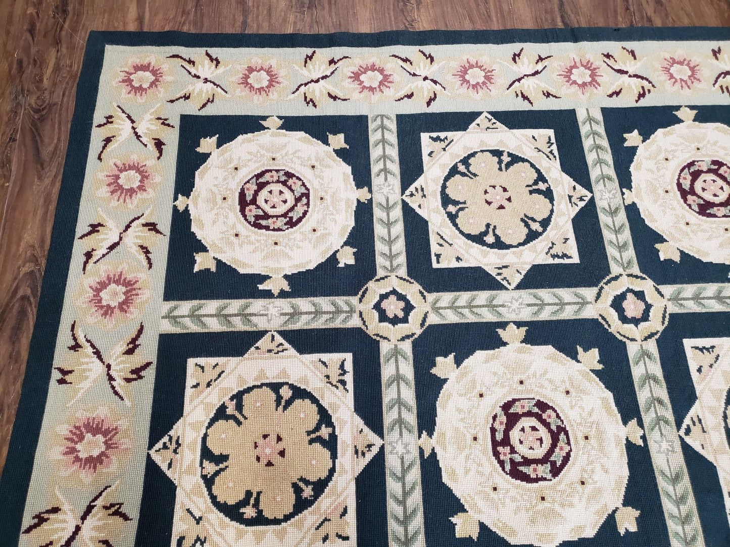 Vintage Chinese Needlepoint Rug 6x9, Panel Design Area Rug Wool Hand-Woven Black & Ivory Carpet Flat Weave Bedroom Rug 6 x 9 Living Room Rug