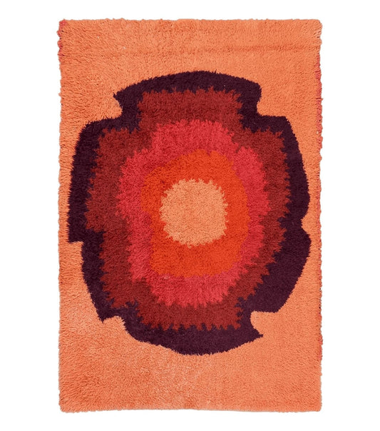 Danish Rya Shag Rug 4x6, Mid Century 1960s Retro Vintage Wool Rug, Shades of Red