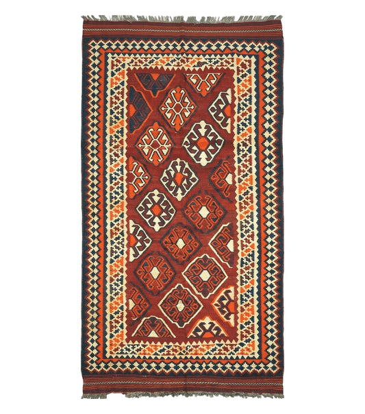5' X 10' Antique Turkish Kilim Handmade Flat Weave Wool Rug Red Colorful Veg Dye Bohemian Boho Chic Tribal Style And Design
