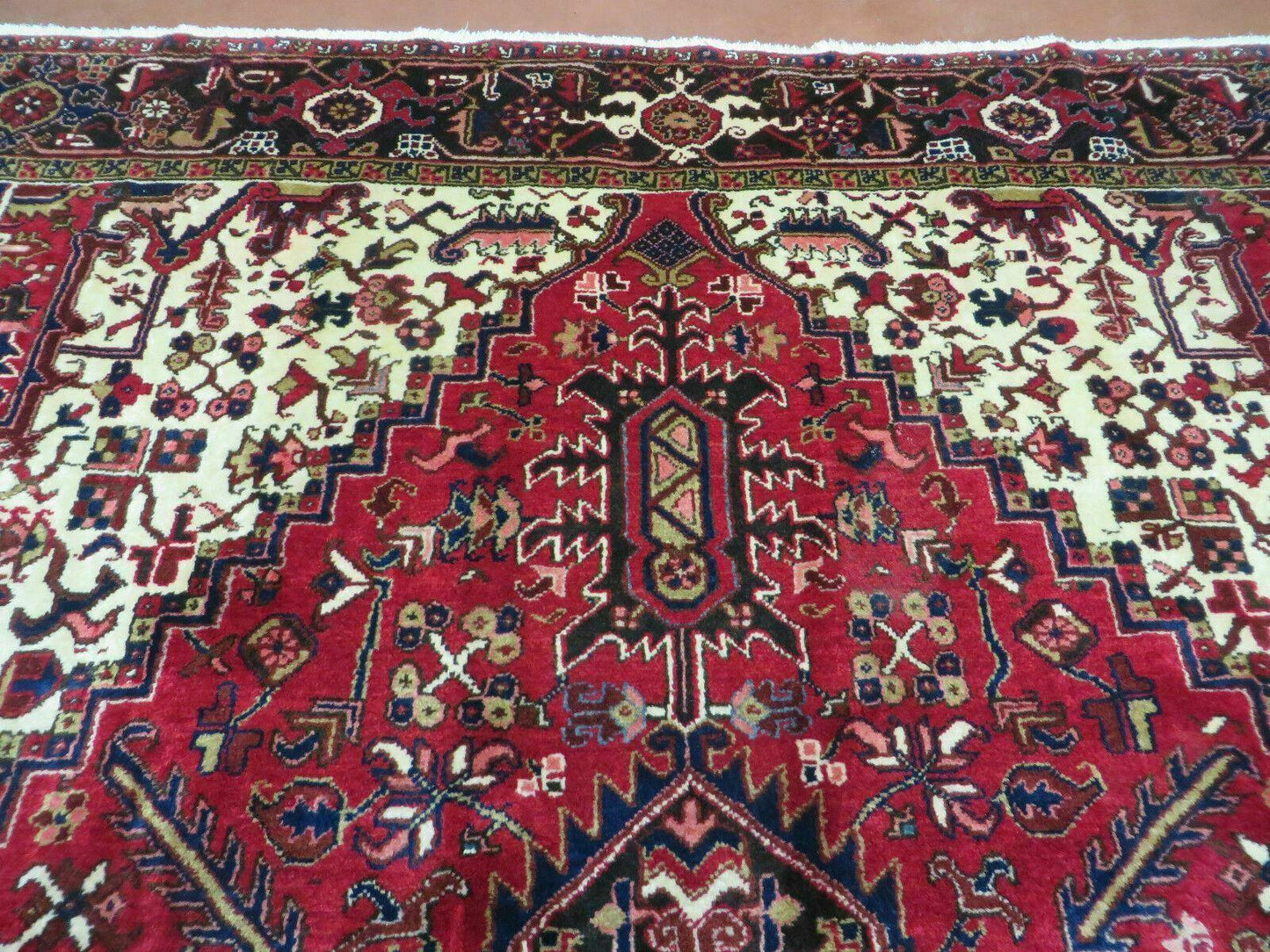 Wonderful Persian Heriz Rug 8.6 x 11, Geometric Heriz Carpet, Semi Antique Decorative Area Rug, Red Ivory Dark Blue Handmade Wool Room Sized