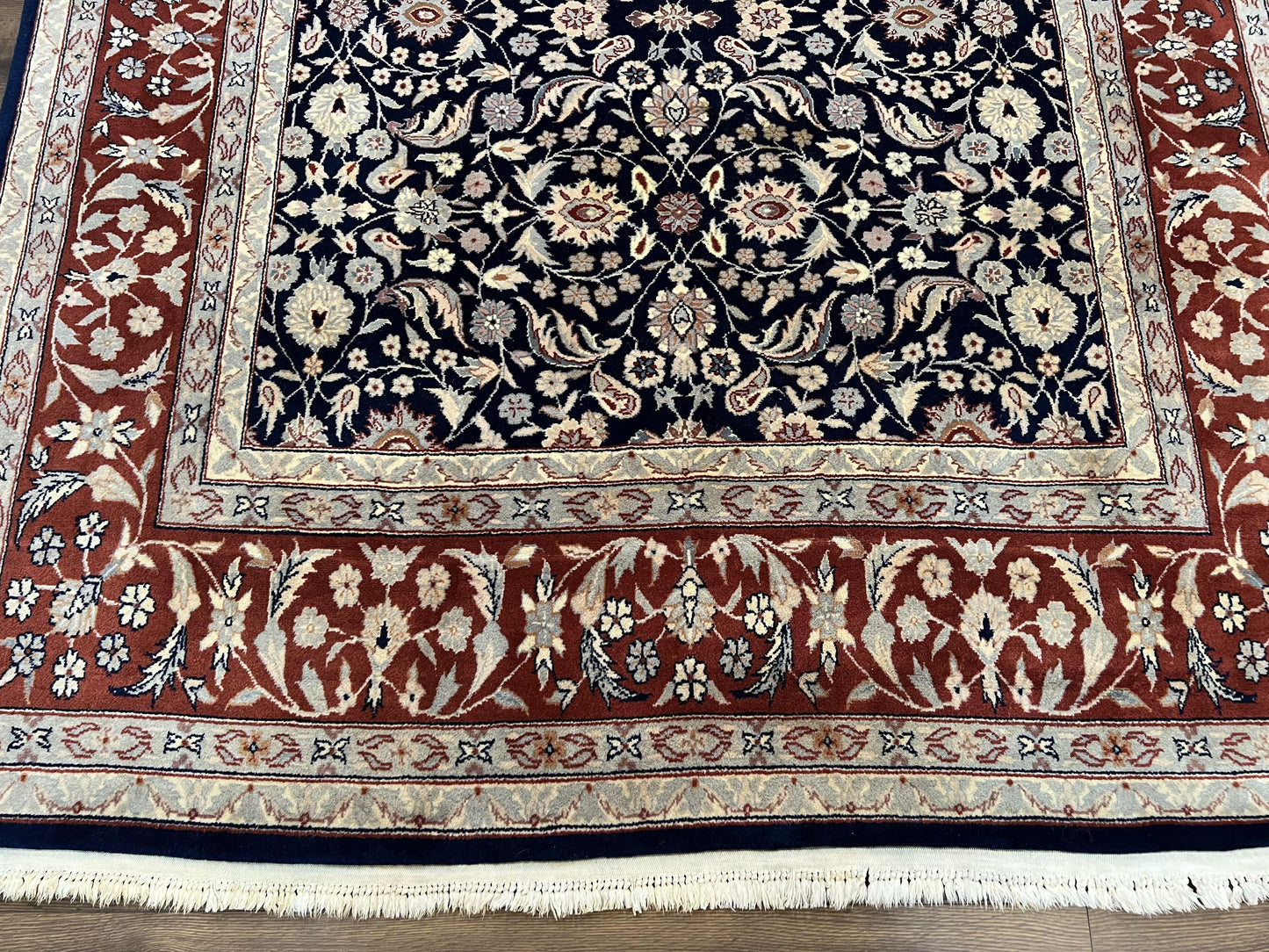 Indo Sarouk Rug 6x9, Vintage Indian Persian Rug, Wool Oriental Carpet, Navy Blue Red Allover Floral Rug, Traditional Very Fine Rug, Area Rug