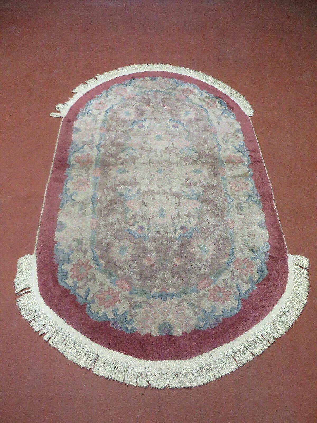 Oval Chinese Art Deco Rug 3x5 Vintage Wool Carpet