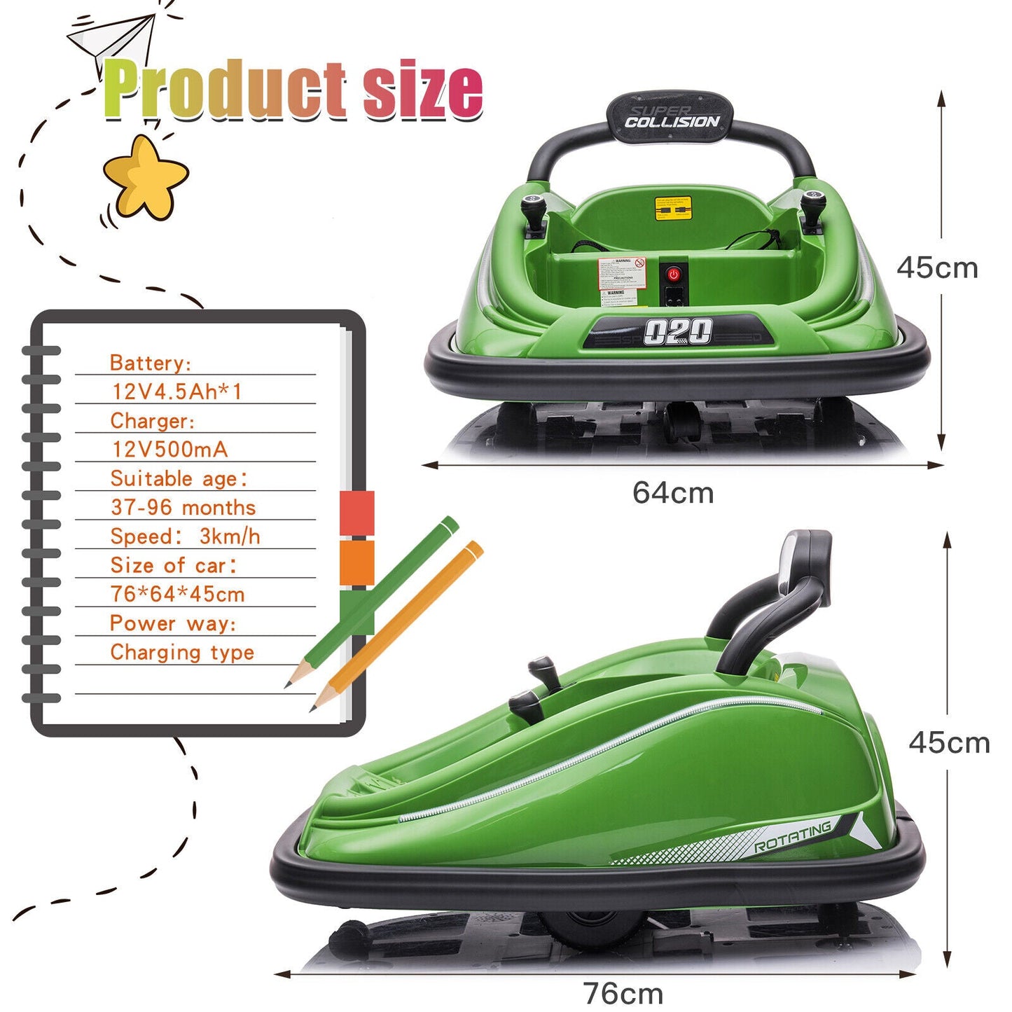 360° Rotating Electric Bumper Car for Kids with Remote Control - 12V Ride On Vehicle