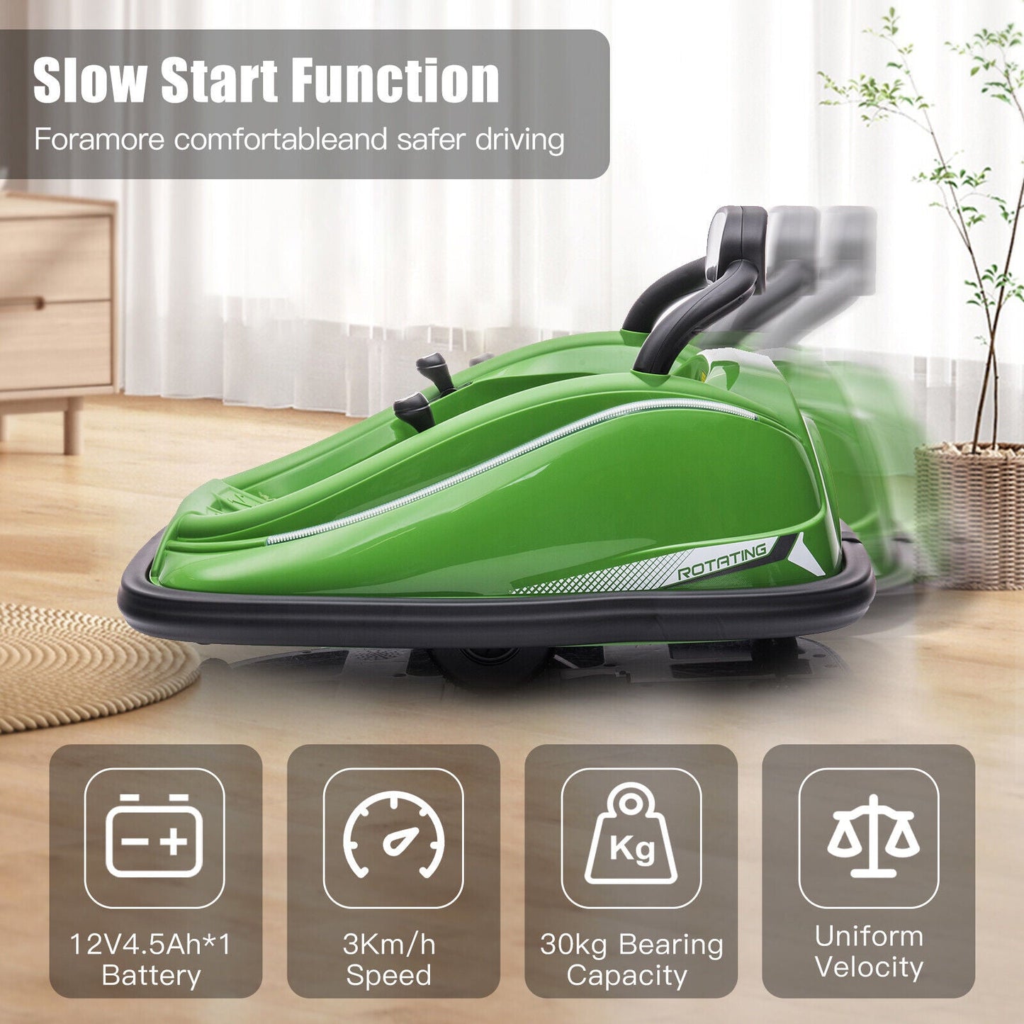 360° Rotating Kids Bumper Car with Remote Control and LED Lights - 12V Twin Motor Ride On Toy