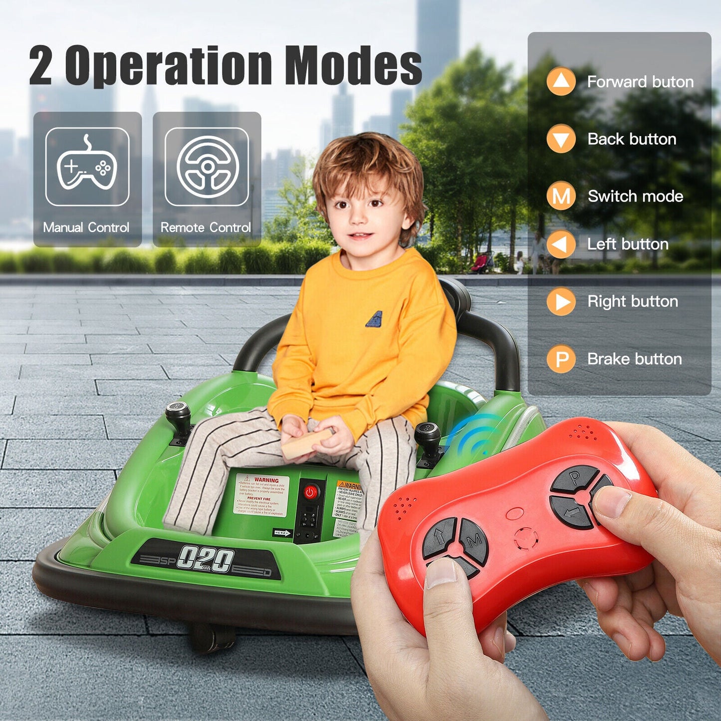 360° Rotating Kids Bumper Car with Remote Control and LED Lights - 12V Twin Motor Ride On Toy
