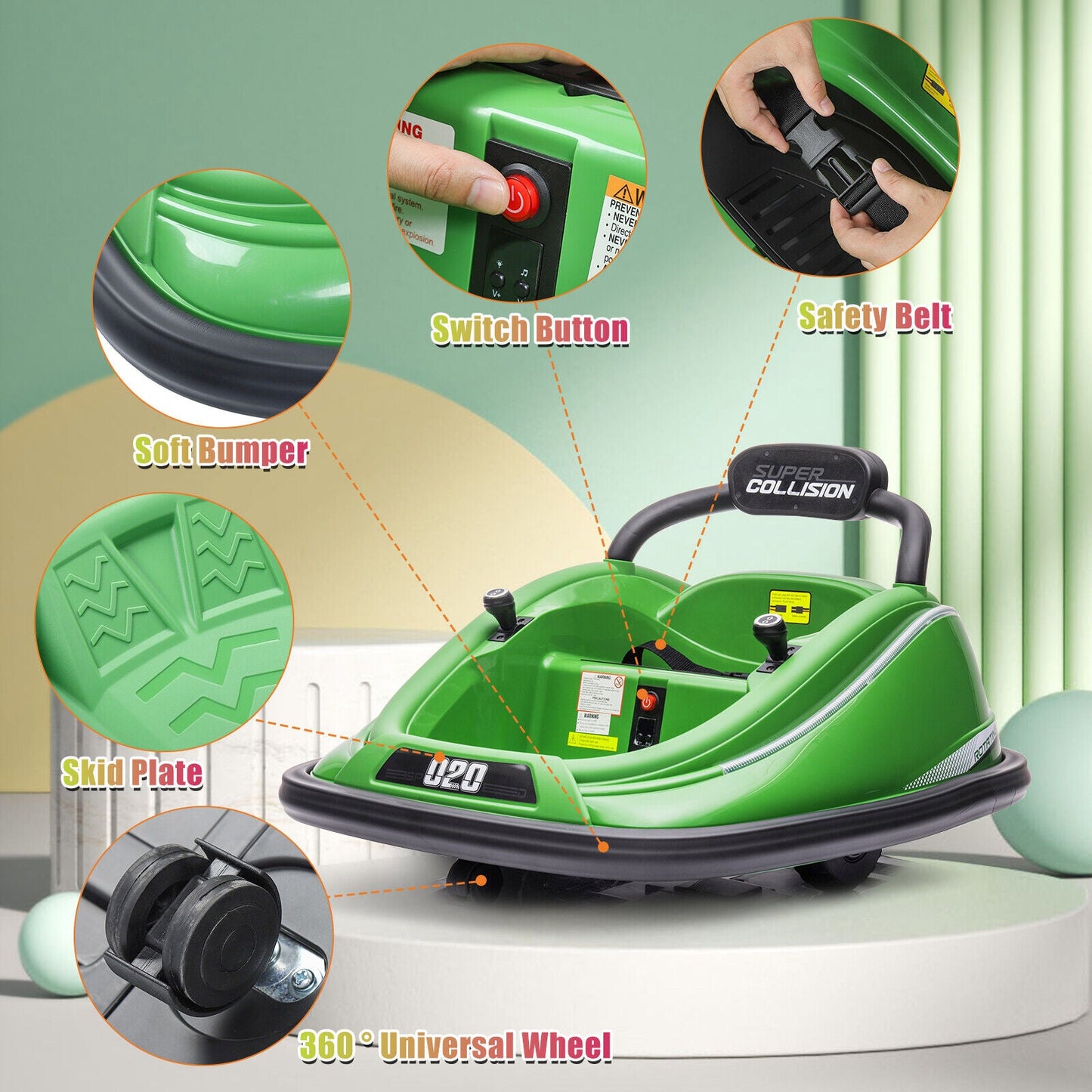 360° Rotating Kids Bumper Car with Remote Control and LED Lights - 12V Twin Motor Ride On Toy