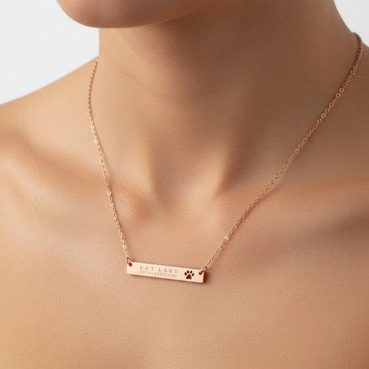 Cat Lady Extraordinaire Bar Necklace | Paw Engraved Stainless Steel