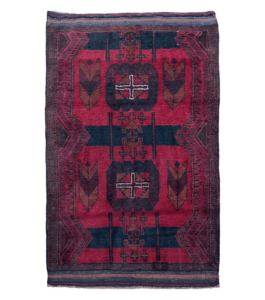 2' 10" X 4'6" Vintage Handmade Tribal Wool Rug Balouchi Rug Afghan Rug Red Black