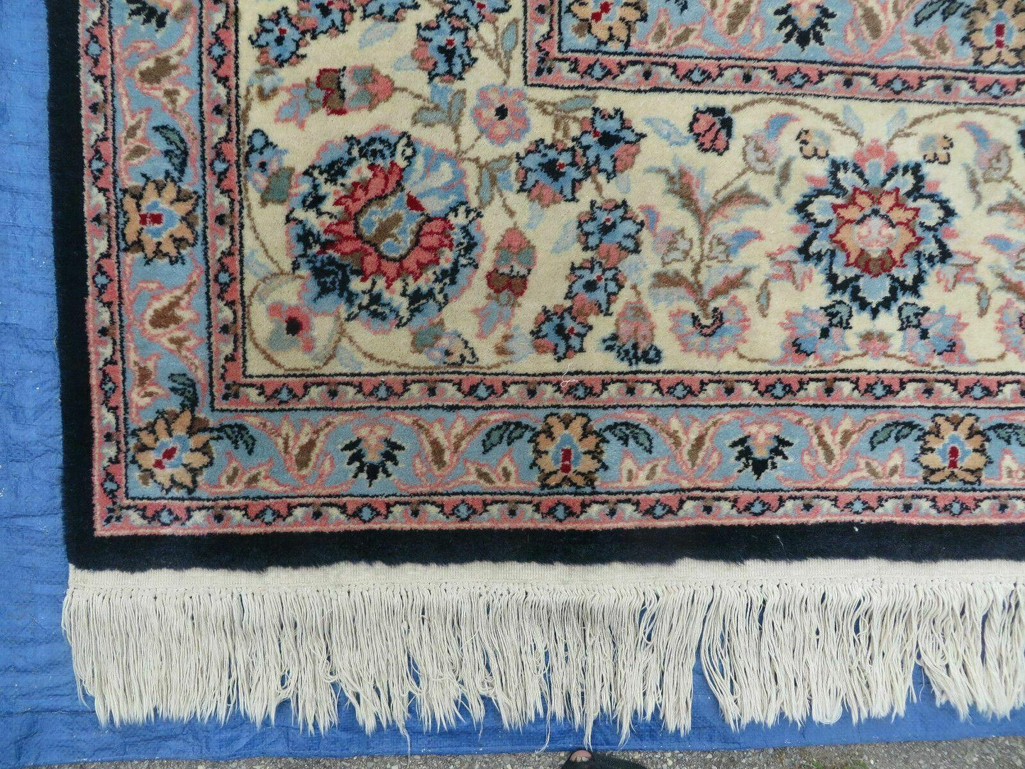 Large Indo Persian Rug 10x14, Wool Hand-Knotted Carpet, Navy Blue Ivory