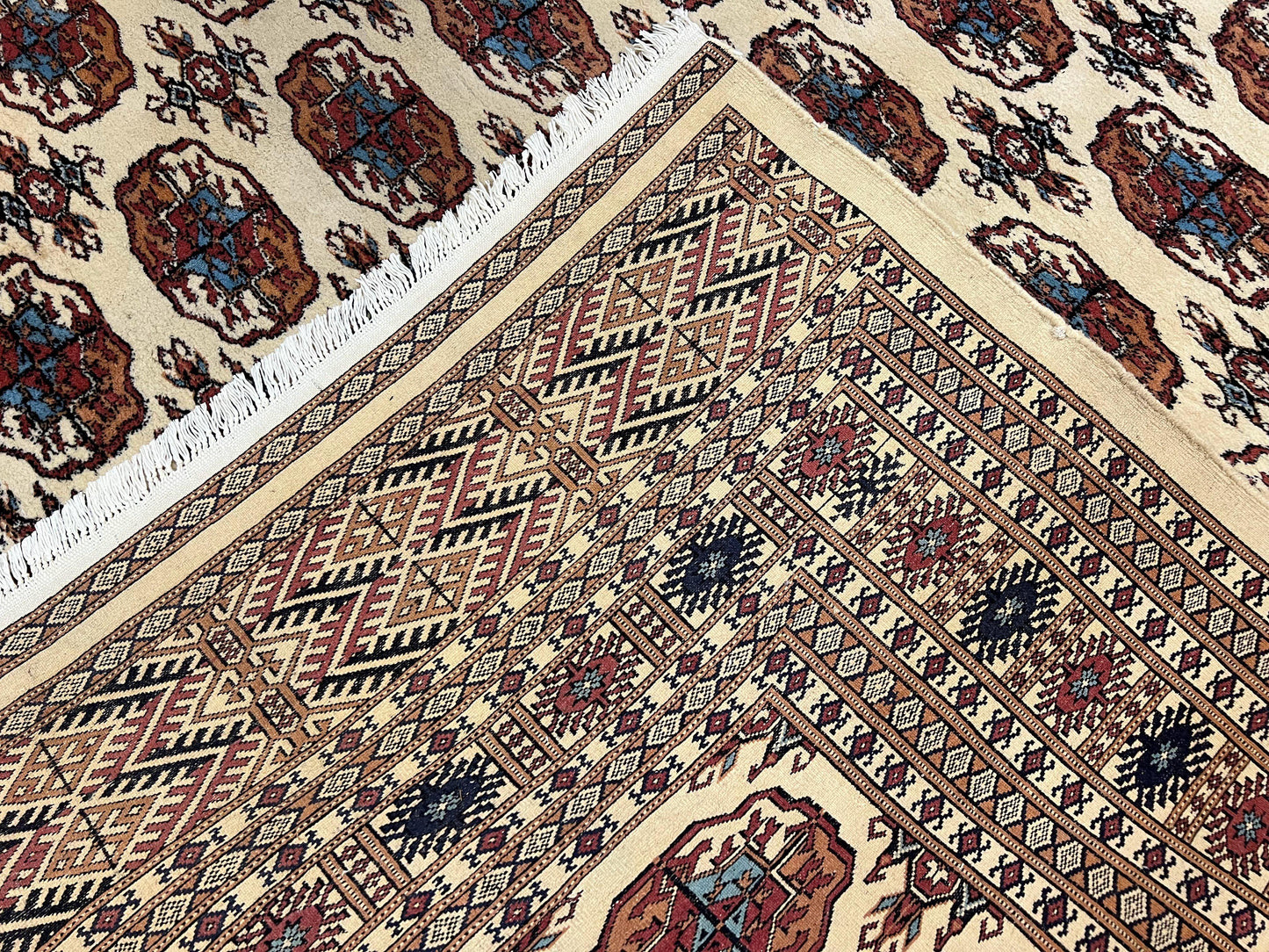 Pakistani Bokhara Rug 8x10, Wool Turkoman Carpet, Ivory/Cream