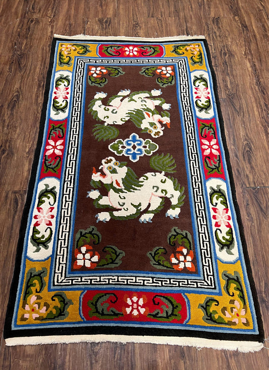 Chinese Peking Rug 3x5 with Animal Pictorial, Brown Ivory Gold Red, Handmade Vintage Chinese Carpet, Art Deco Rug, Unique Asian Oriental Rug