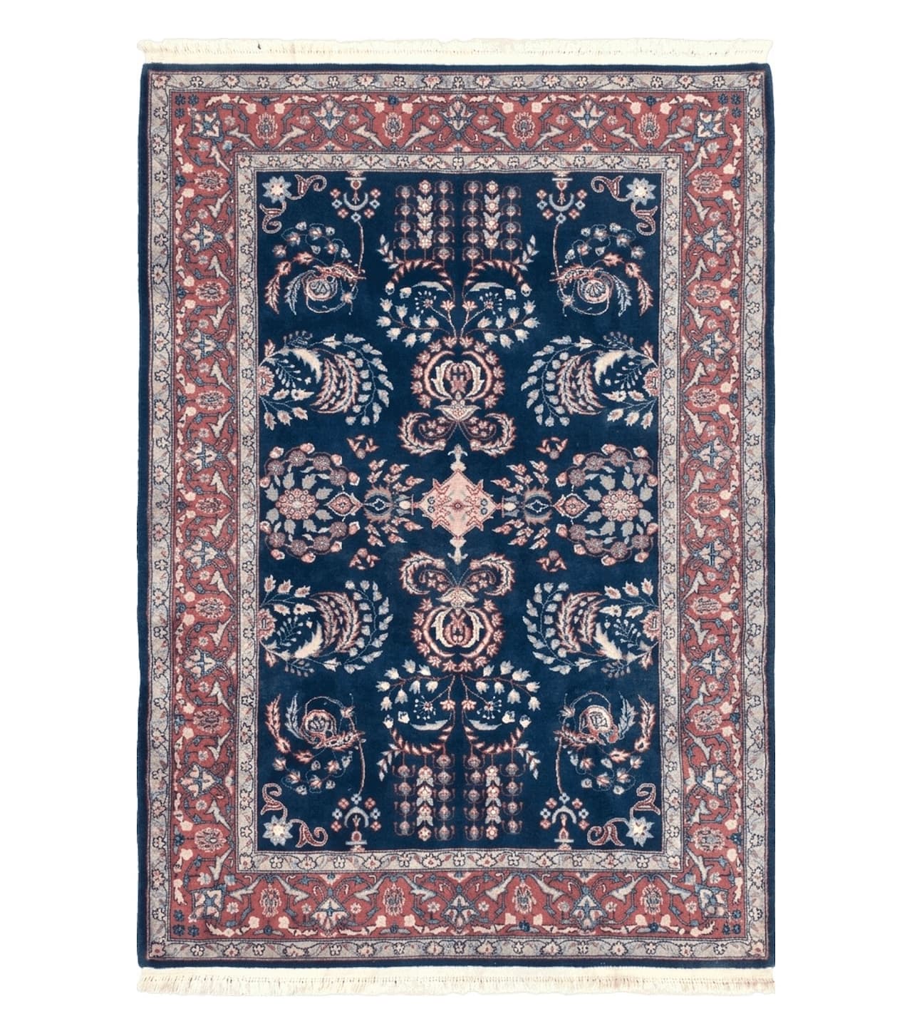 Dark Blue Indo Persian Rug 4x6, Medium Size Hand Knotted Oriental Carpet, Traditional Floral Indian Rug, Blue and Red Entryway Rug, Wool Rug