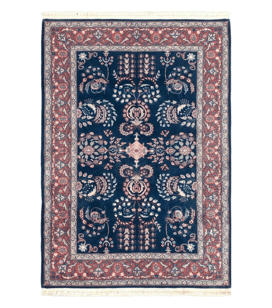 Dark Blue Indo Persian Rug 4x6, Medium Size Hand Knotted Oriental Carpet, Traditional Floral Indian Rug, Blue and Red Entryway Rug, Wool Rug