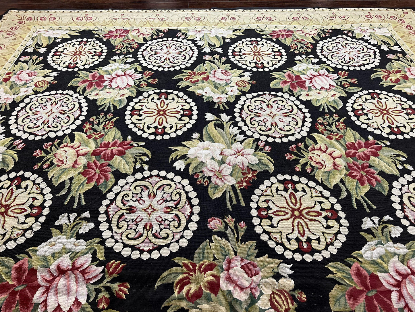 9x12 Black Needlepoint Rug, European Floral Panel Design, Handwoven, Vintage Chinese Needlepoint, Black Green Beige, Wool Rug 9 x 12