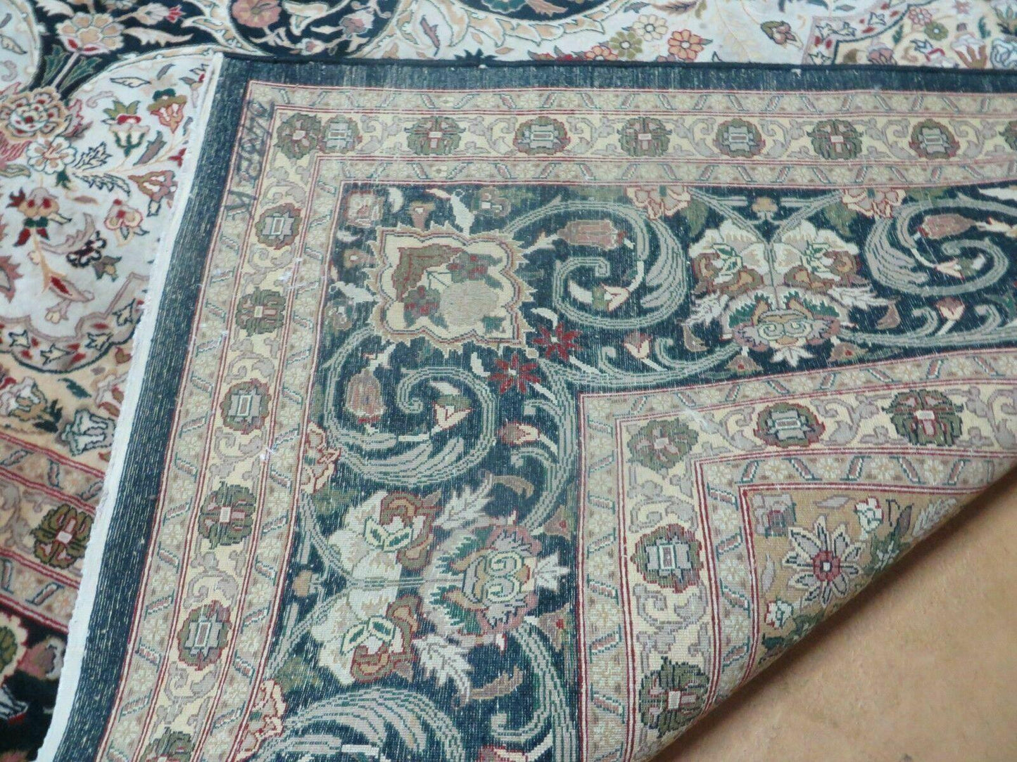 Beautiful Sino Persian Rug 9x12, Elegant High Quality Handmade Wool Oriental Carpet, Medallion with Corner Design, Floral, Black and Ivory