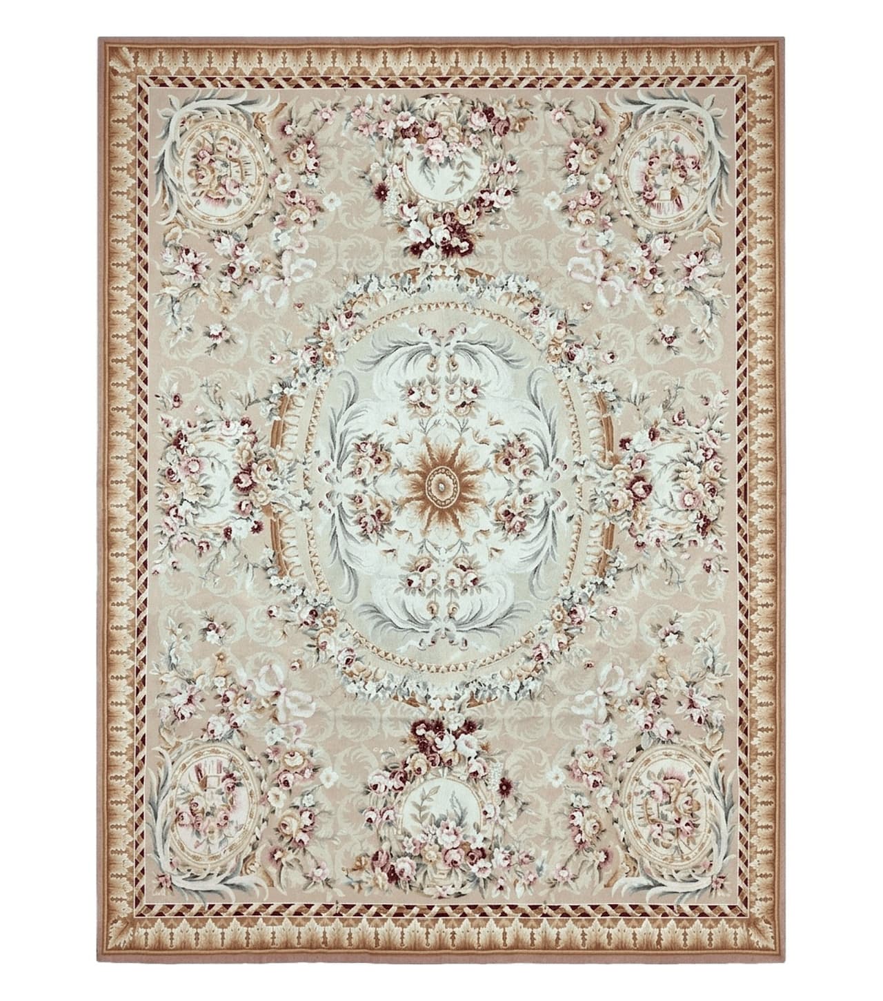 Aubusson Rug 9x12, Elegant Savonnerie Carpet 9 x 12 ft, Beige Ivory Tan, Floral, Flatweave Wool Handmade Area Rug 9 x 12 ft, European French