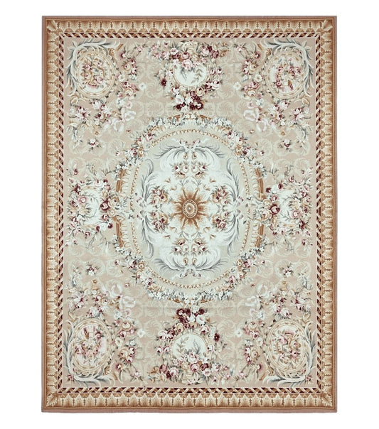 Aubusson Rug 9x12, Elegant Savonnerie Carpet 9 x 12 ft, Beige Ivory Tan, Floral, Flatweave Wool Handmade Area Rug 9 x 12 ft, European French