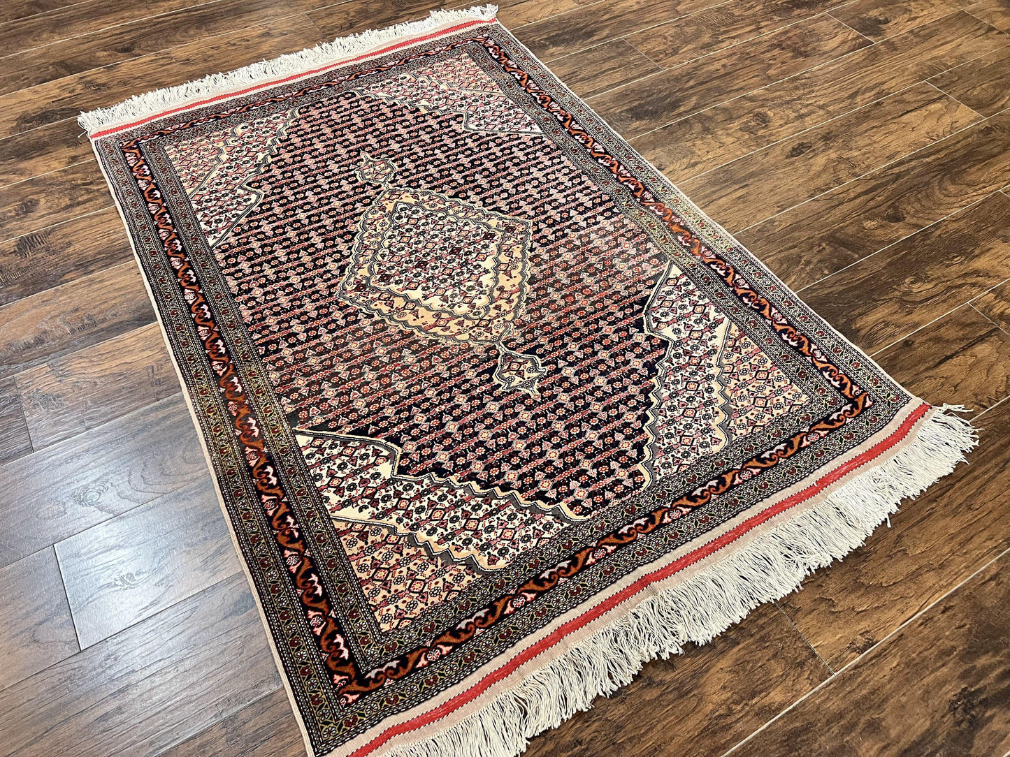 Afghan Rug 4x5, Wool with Silk Highlights, Very Fine Hand Knotted Vintage Oriental Carpet, Herati Pattern, Persian Rug, Bidjar Rug, 400 KPSI