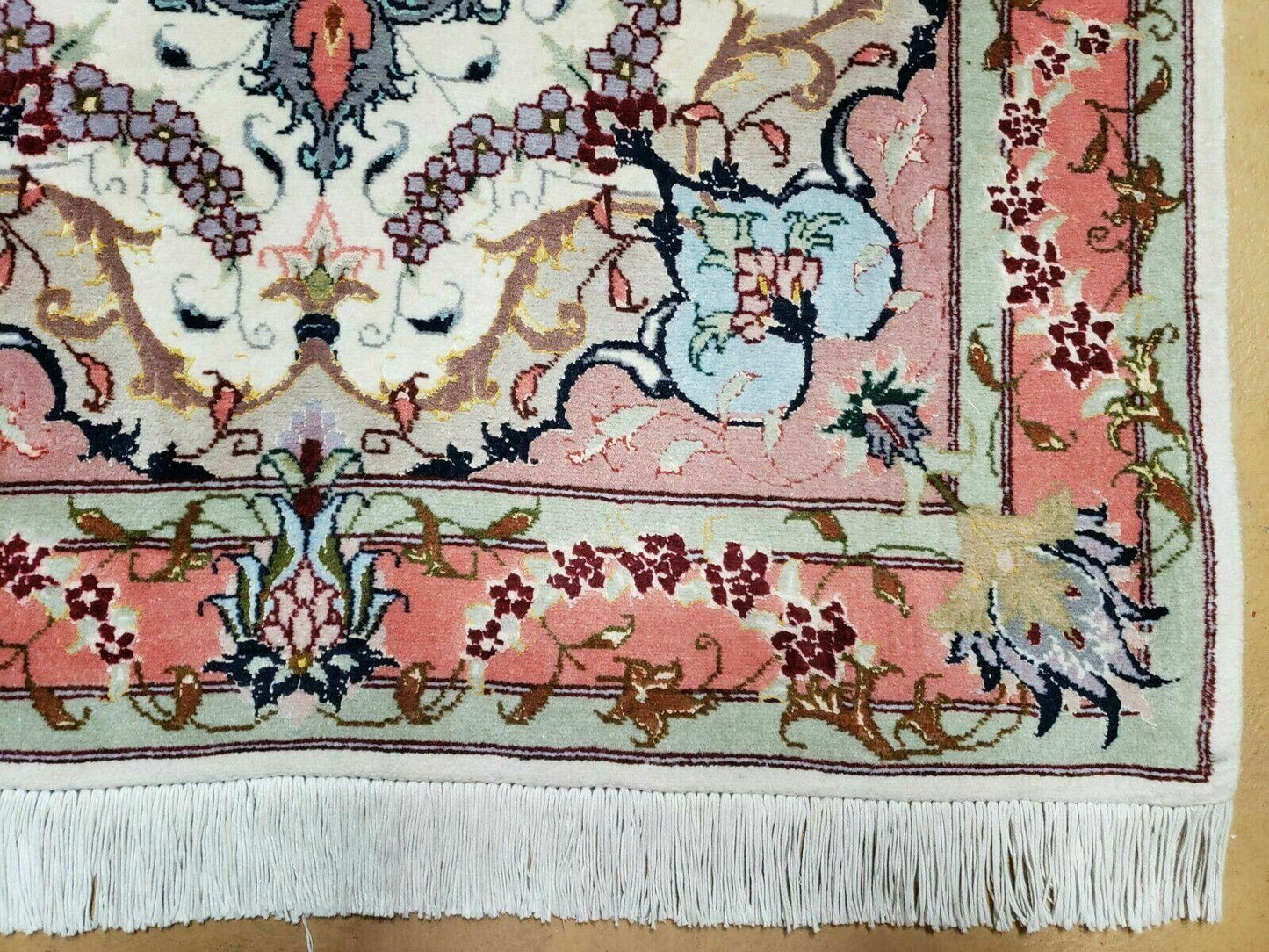 Small Vintage Persian Tabriz Wool and Silk Rug 2.5 x 4 ft, Very Finely Hand Knotted, Medallion, Ivory Salmon Light Blue, Top Quality, Pair A