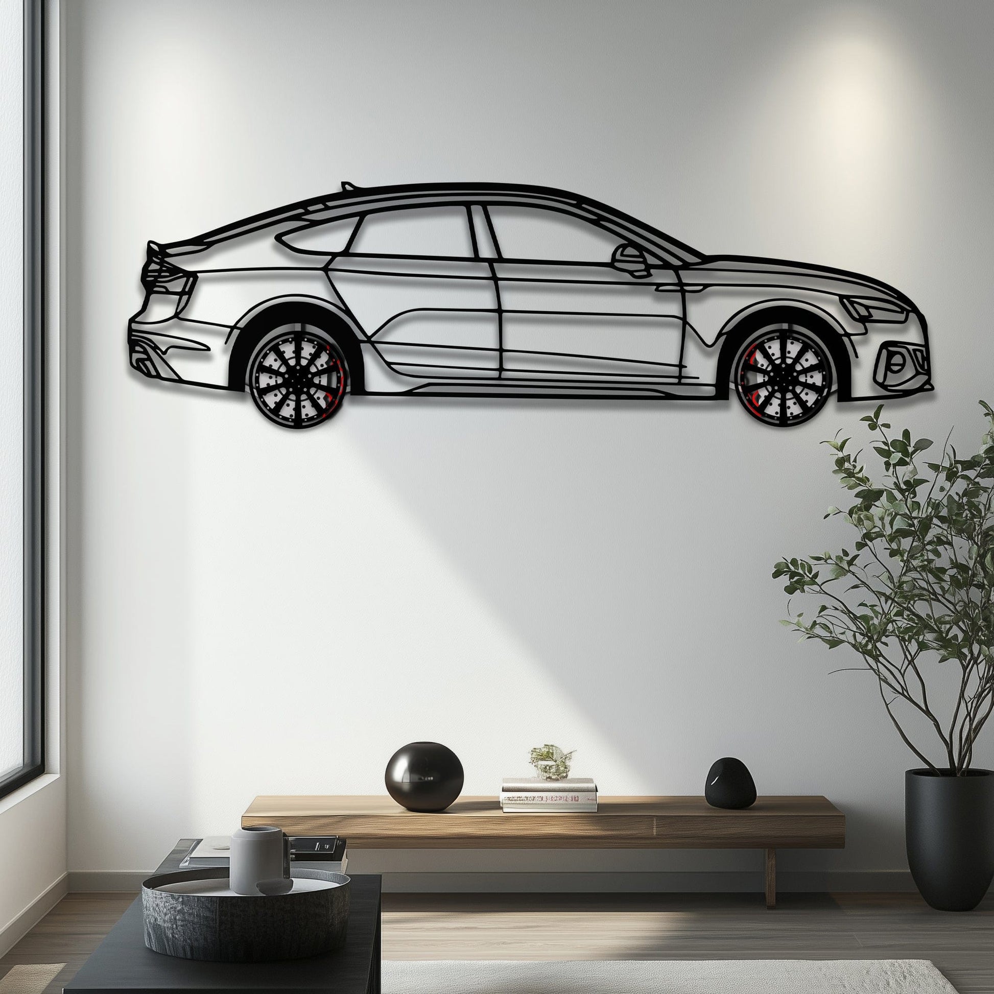 Audi RS5 Metal Car Wall Art with Rotating Wheels - Performance Sportback Silhouette Decor - Interactive Automotive Wall Art - KAFMEKA097