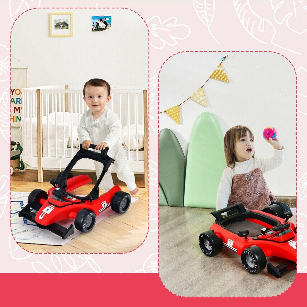 4-in-1 Foldable Activity Push Walker with Adjustable Height-Red