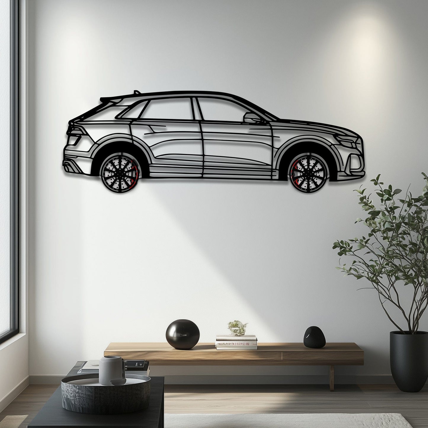 Audi Q8 Metal Car Wall Art with Rotating Wheels - Handmade Luxury SUV Silhouette Decor - Automotive Wall Art for Petrolheads - KAFMEKA095