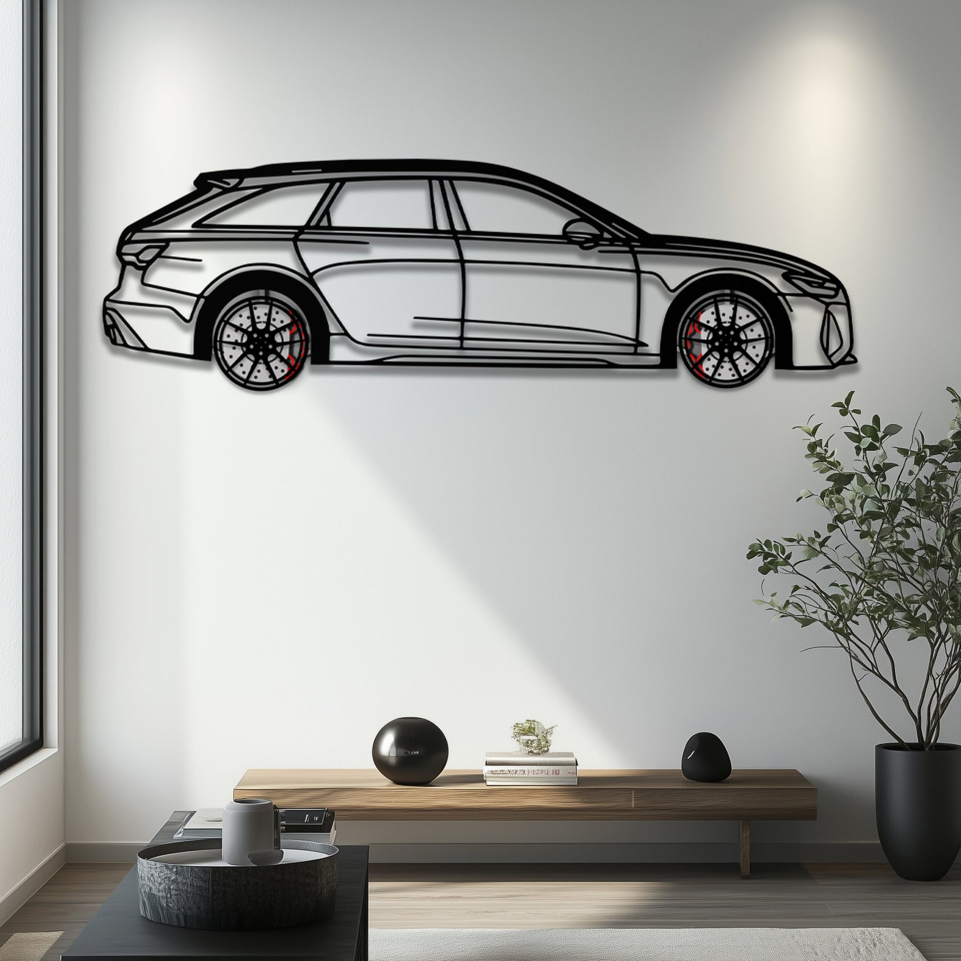 Audi RS6 Avant Metal Car Wall Art with Rotating Wheels - Super Wagon Silhouette Decor - Interactive Automotive Wall Art - KAFMEKA098