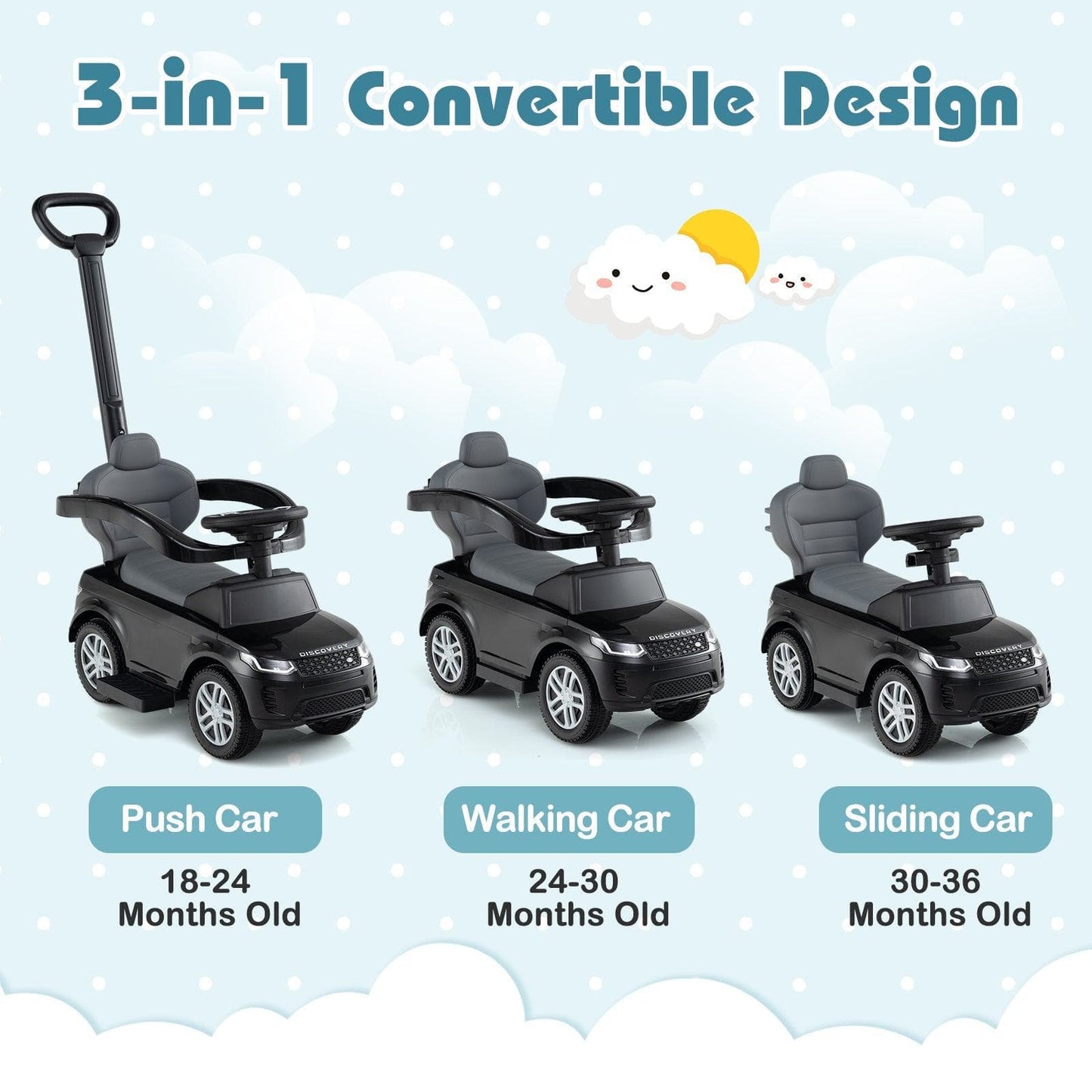3 in 1 Push Car with Removable Handle and Guardrail for Kids 18-36 Months Old
