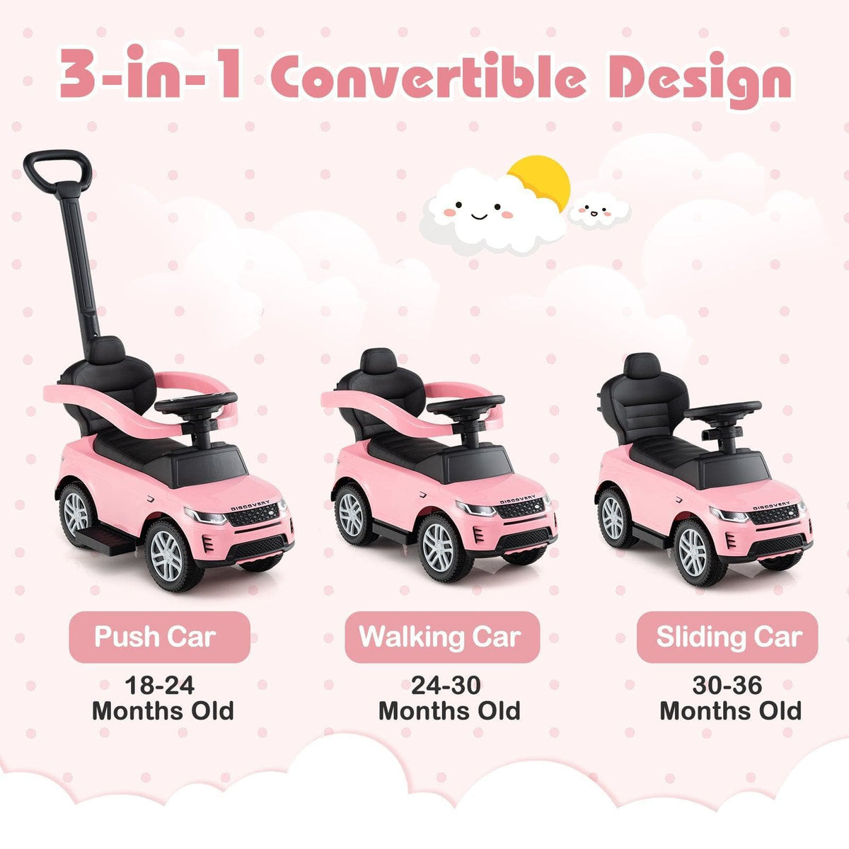 3 in 1 Push Car with Removable Handle and Guardrail for Kids 18-36 Months Old